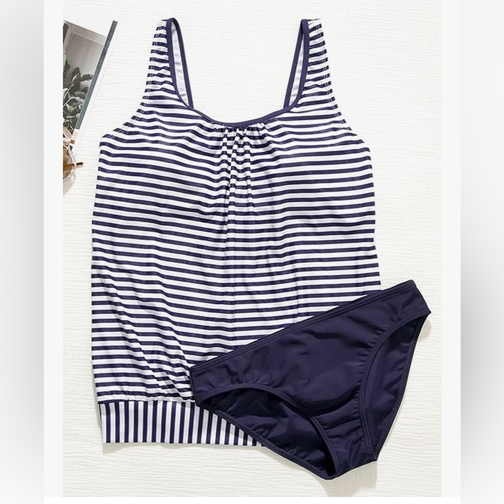 Navy Striped Women's Swim Tankini Size Medium - Picture 3 of 6